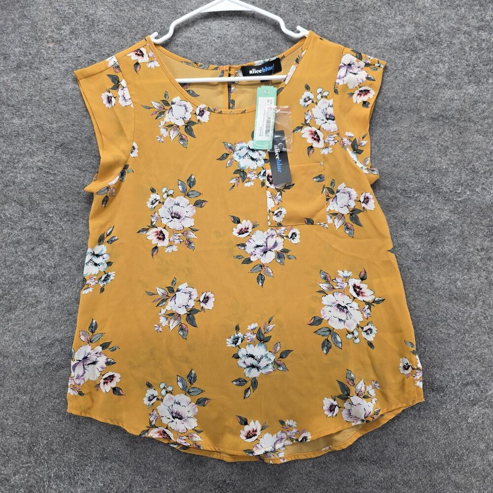 Alice Blue Blouse Womens XS Yellow Floral Chiffon Cap Sleeve Pocket Round Neck